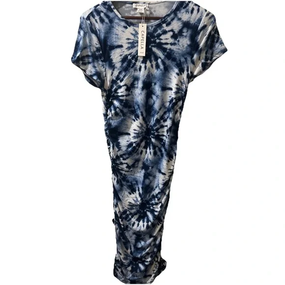 🆕Capella Elegant Blue Tie-Dye Midi Bodycon Stretch Casual Summer/Spring Dress 1X - Picture 3 of 5